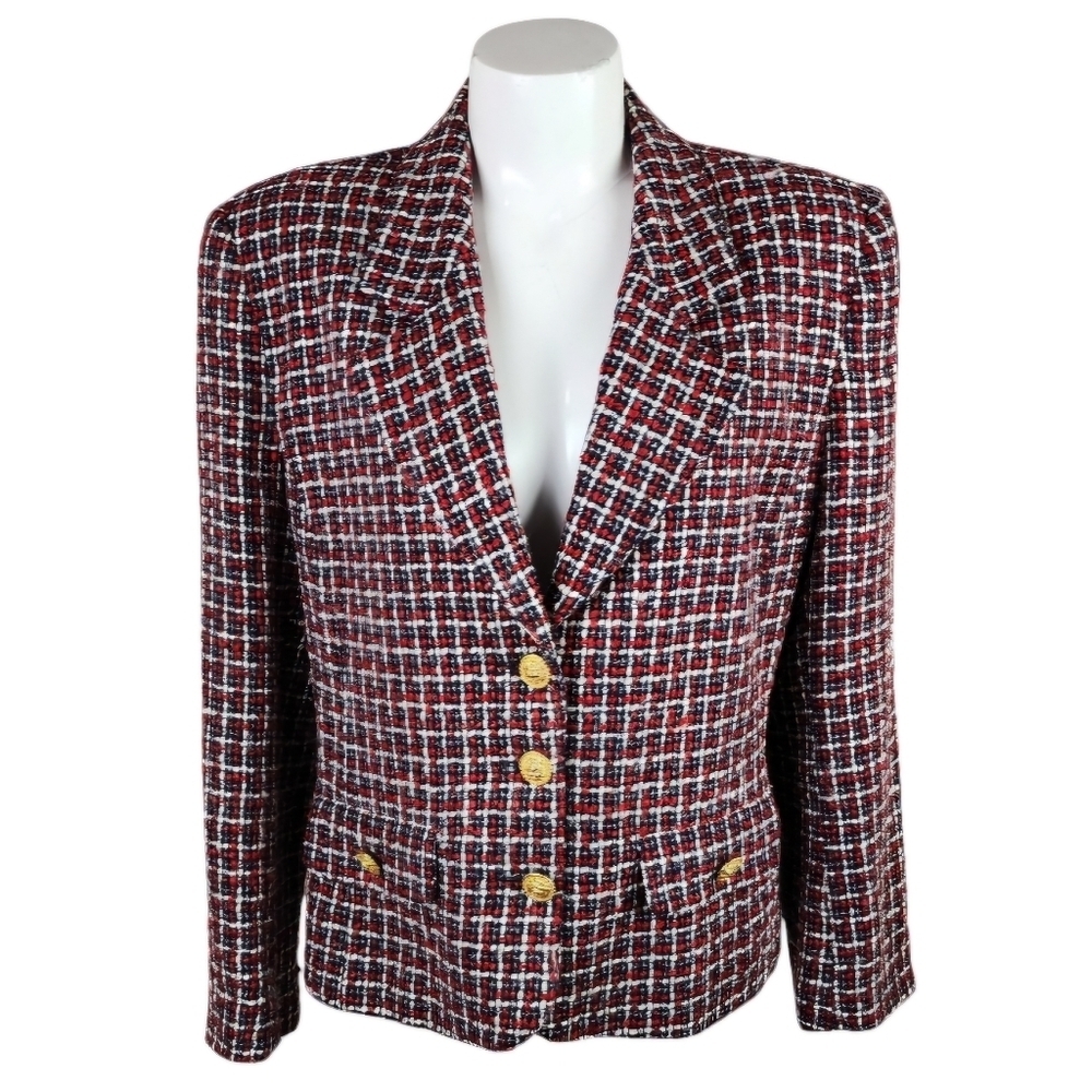 Vintage 80s Boucle Single Breasted Blazer Red White Blue Lion Insignia Buttons